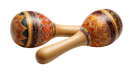 Pair of patterned wooden maracas lying together, traditional latin percussion instrument for music and rhythm, transparent background