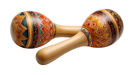 Pair of patterned wooden maracas lying together, traditional latin percussion instrument for music and rhythm, transparent background