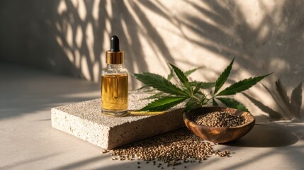 Natural cbd oil with hemp seeds and leaves in sunlit setting ,Marijuana Awareness Month,National Hemp Day