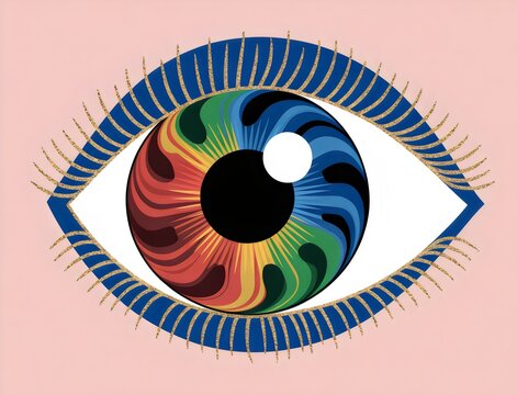 A colorful illustration of a human eye with a rainbow iris