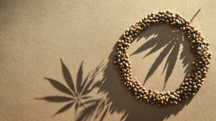 Natural hemp seed wreath and shadow art on sandy surface,Marijuana Awareness Month,National Hemp Day