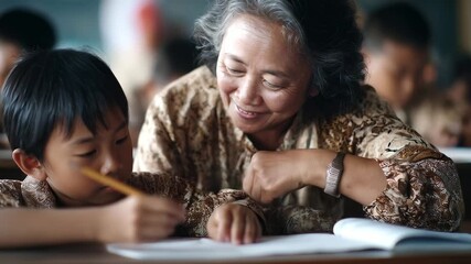 Warm Indonesian grandmother assists young student with writing. Kind elderly teacher gently guides boy’s hand. Classroom scene, learning support. Education, patience, mentorship.