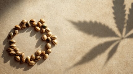 Hemp seeds arranged in circular pattern with leaf shadow,Marijuana Awareness Month,National Hemp Day
