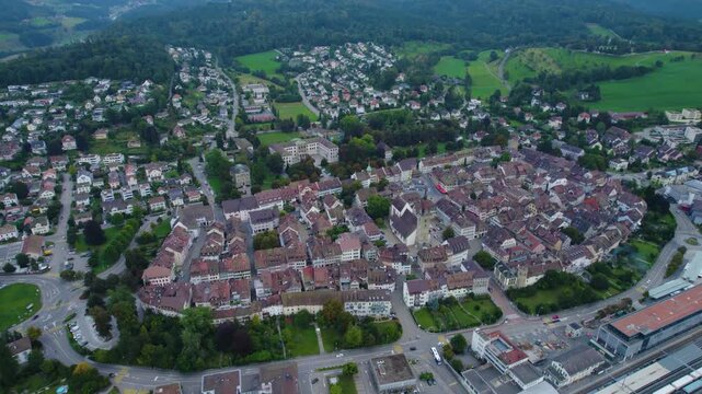 A panoramic Aerial view of the old town of the city Zofingen in Switzerland on a cloudy afternoon in summer