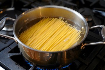 Spaghetti Noodles Boiling in Pot on Stove