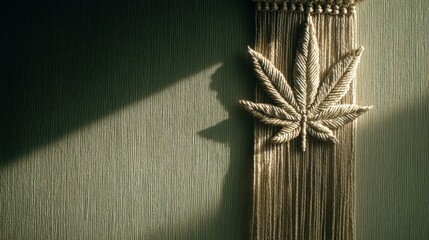 Boho inspired macrame cannabis leaf decor on textured wall with dramatic shadow play,Marijuana Awareness Month,National Hemp Day