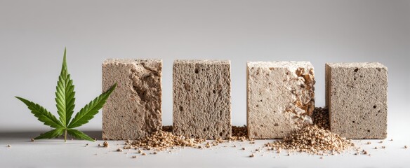 Sustainable hempcrete blocks with leaf for eco-friendly construction,Marijuana Awareness Month,National Hemp Day