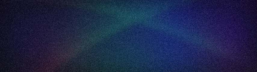 Abstract 4K wide background with a grainy texture and blurred dark blue, teal, purple, and black gradients. Professional atmospheric banner for modern designs