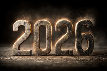 Illuminated metallic numerals representing the approaching year 2026 casting a dramatic glow against a dark background