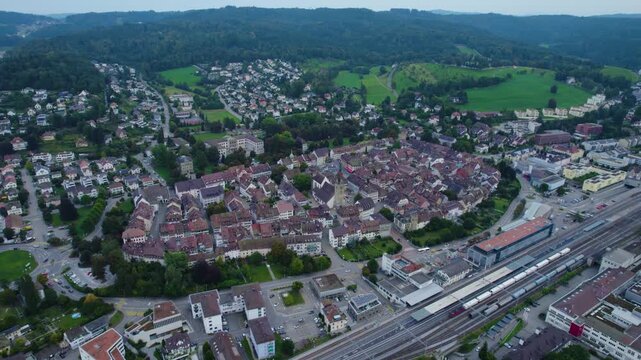 A panoramic Aerial view of the old town of the city Zofingen in Switzerland on a cloudy afternoon in summer