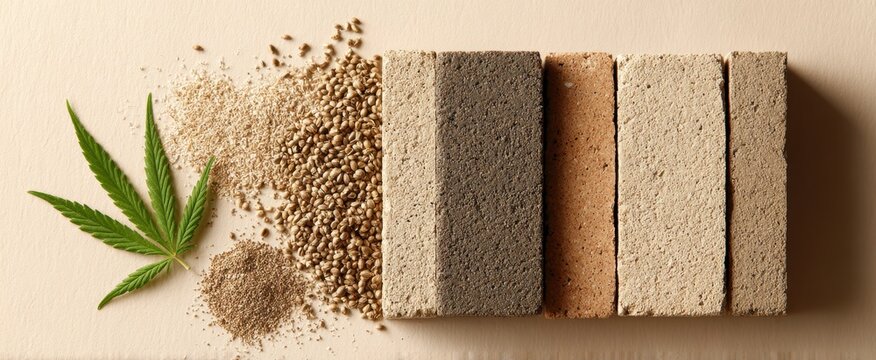 Sustainable hempcrete bricks with hemp leaf and gravel ,Marijuana Awareness Month,National Hemp Day
