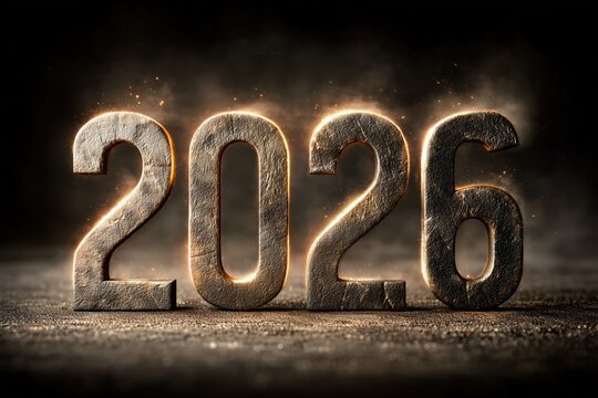 Illuminated metallic numerals representing the approaching year 2026 casting a dramatic glow against a dark background - Powered by Adobe