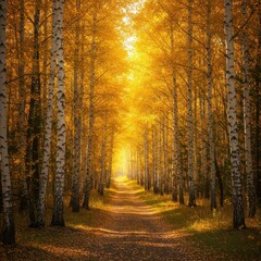 Fototapeta premium A beautiful forest pathway winding through a dense stand of vibrant golden birch trees illuminated by brilliant sunlight ,glowing, sunlight, serene