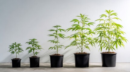 Growth stages of cannabis plants in pots on a light background