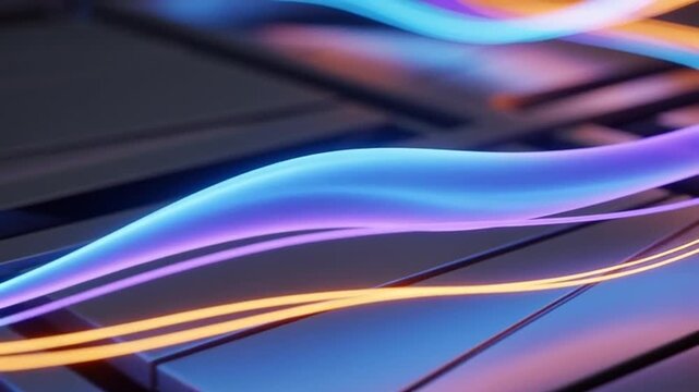 Glowing neon lines dance across a futuristic keyboard in a dark room with vibrant technology.