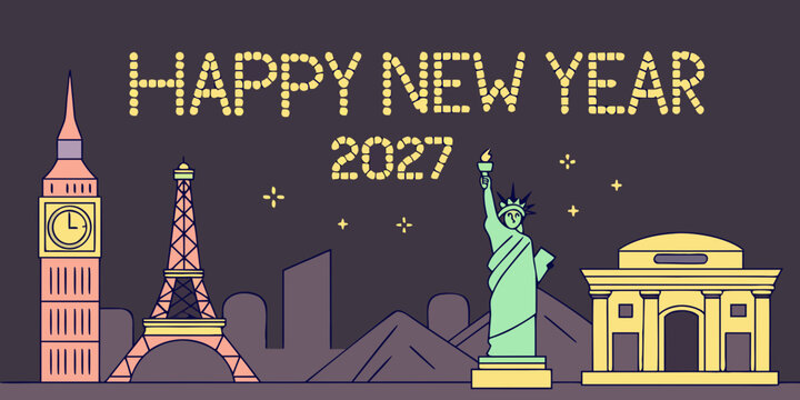 USA, US, U.S, United States - Happy new year 2027 celebrated with famous world landmarks big ben eiffel tower statue of liberty arc de triomphe year end celebration landmark
