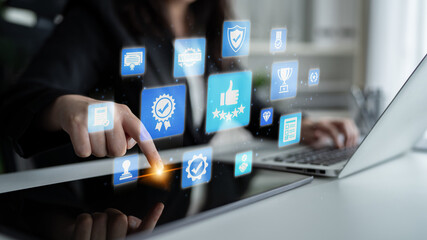 Quality approval and certification icons showing verified badge, standard check, award, trophy,...