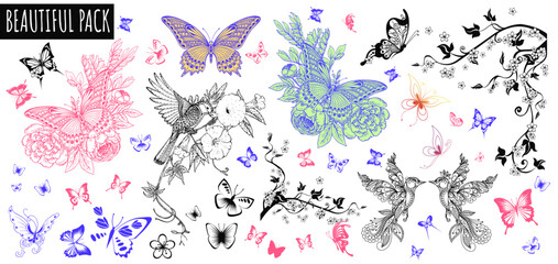 Whimsical Pack: Captivating illustration featuring charming butterflies and birds, embodying the essence of nature's beauty and elegance. 