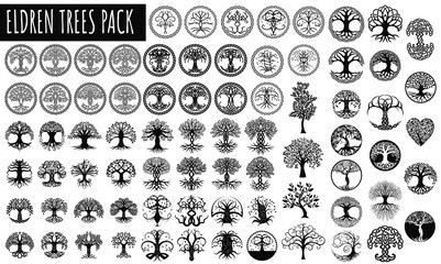 Eldren Trees Pack Graphic: A comprehensive collection of stylized tree illustrations, each rendered in meticulous detail within circular frames.