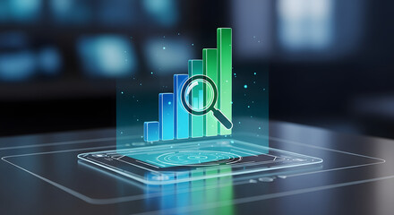 Digital holographic display projecting an ascending bar chart with a magnifying glass analyzing performance metrics above a futuristic glowing tablet screen interface
