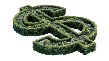 Green dollar sign topiary maze growing, symbolizing sustainable finance, investment growth, and environmental wealth