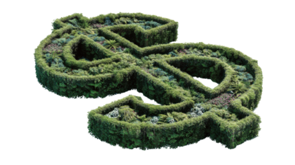 Green dollar sign topiary maze growing, symbolizing sustainable finance, investment growth, and environmental wealth