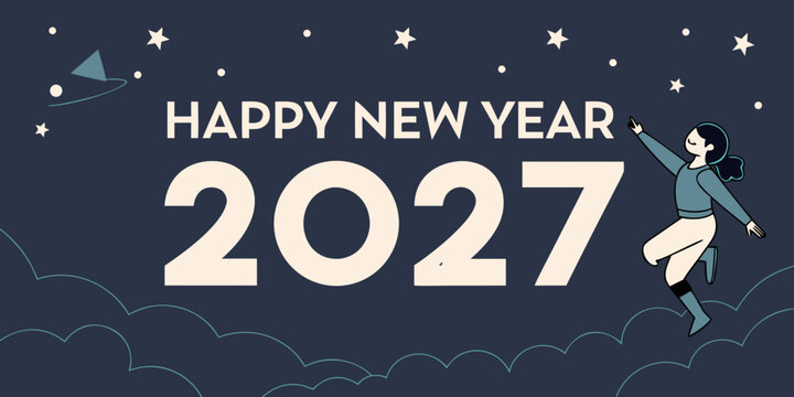 USA, US, U.S, United States - Happy new year 2027 woman reaching for stars in night sky with clouds and kite vector illustration greeting celebration reaching dreaming
