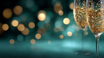 A pair of champagne flutes filled with glitter and a green background. The image conveys a festive and celebratory mood, likely for a special occasion such as a wedding or New Year's Eve