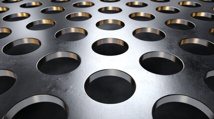 A close up of a metal surface with many small holes. The holes are all the same size and are evenly spaced. The surface appears to be shiny and metallic