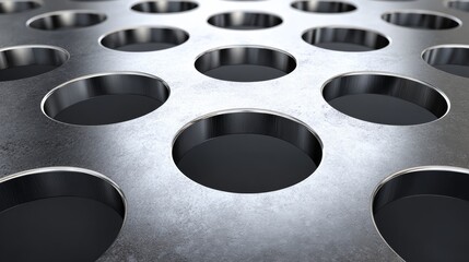 A close up of a metal surface with many holes. The holes are black and shiny. The surface is metallic and has a shiny appearance