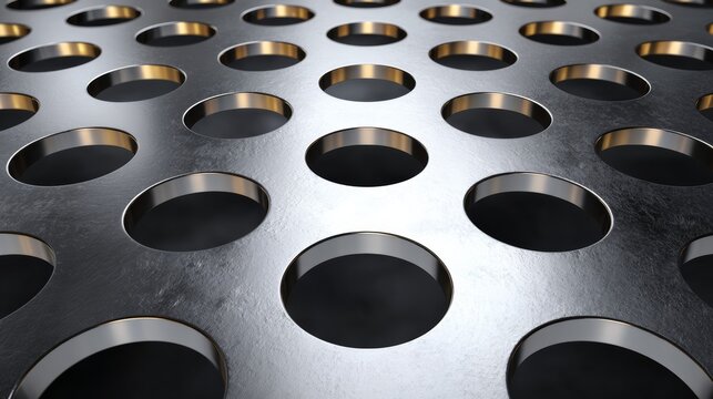 A close up of a metal surface with many small holes. The holes are all the same size and are evenly spaced. The surface appears to be shiny and metallic