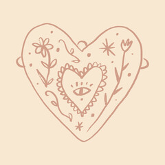 Cute vintage locket in heart shape with coquette core vibe elements. Girlish tiny aesthetic whimsical sketch with sacred eye and flowers botanical details. Open and closed pendants jewelry doodle