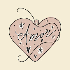 Amor lettering cute vintage locket in heart shape with coquette core vibe elements. Girlish tiny aesthetic whimsical sketch with sacred eye and flowers botanical details. Open and closed pendants