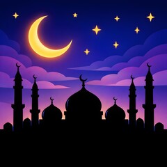 Vibrant illustration of a mosque silhouette against a purple and blue night sky featuring a glowing crescent moon and twinkling stars