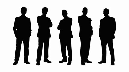 Silhouettes of businessmen in various poses in black on white background for corporate use