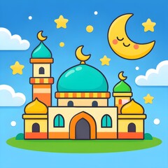 Colorful cartoon illustration of a mosque with a large dome and minarets under a peaceful night sky featuring a smiling crescent moon and stars