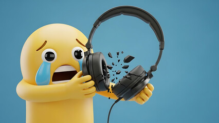 Sad yellow character holding broken black headphones against blue background, expressing disappointment and frustration with damaged audio equipment