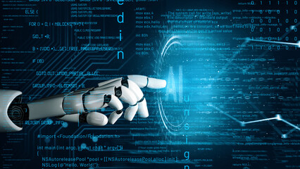 A robotic hand extends toward a digital interface filled with binary code, representing the future of technology and the rise of artificial intelligence in everyday life. Xenic