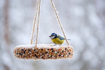 Blue Tit Bird Perched on Snow-Covered Bird Feeder in Winter
