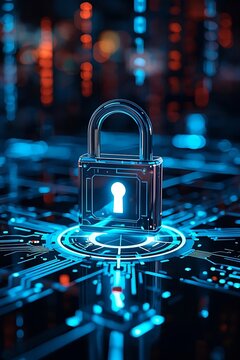 Futuristic digital padlock with glowing neon blue light on circuit board, cyber security and AI data protection concept.