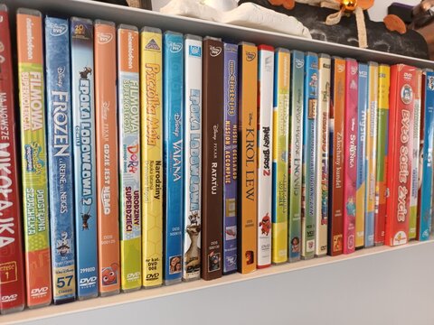 Collection of children's animated movie DVDs lined up on a shelf