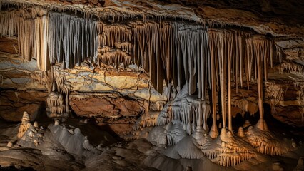 Underground Cave with Stalactites and Stalagmites Formation.