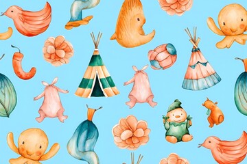 Watercolor Animals & Teepee Pattern - Seamless Background for Kids Design