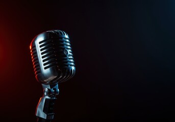 Classic chrome microphone illuminated on an empty dark stage, evoking nostalgia and performance anticipation for a live event ,speech ,professional ,studio
