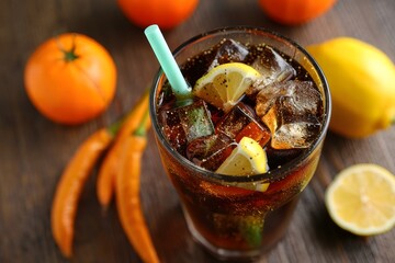 Refreshing Citrus Soda with Orange and Lemon Slices on Dark Wood Surface