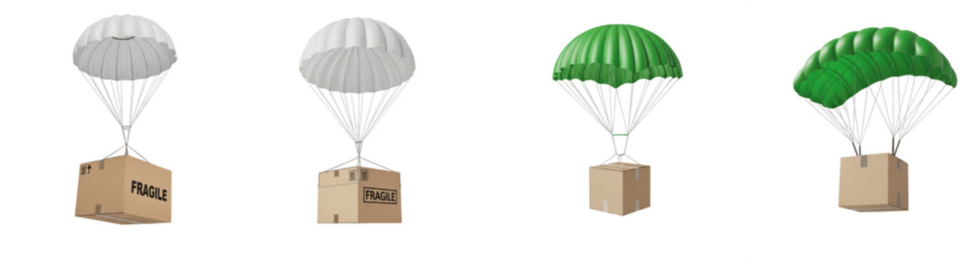 Parachute delivery set with cardboard boxes and fragile cargo isolated on white background. Air freight, shipping logistics, and emergency aid package icons.