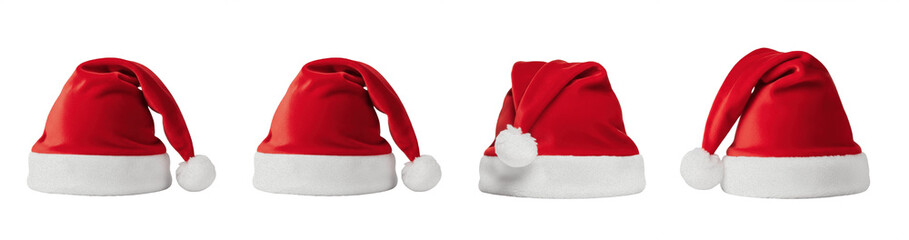 Santa Claus hat set isolated on white background. Red velvet Christmas hats with white fur trim and...