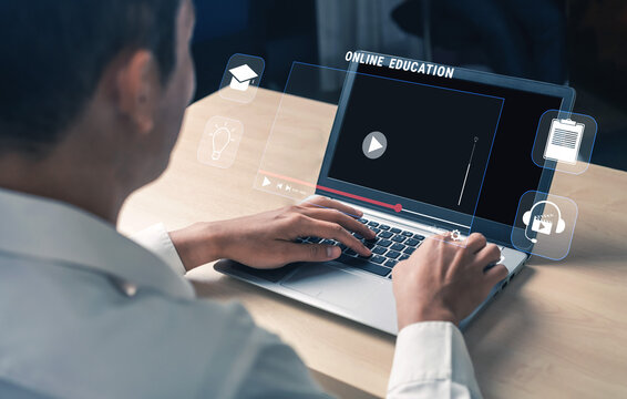 An online education and e-learning platform for distance learning. A concept of video courses, virtual classrooms, and digital study resources. Motif - Powered by Adobe