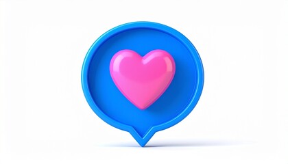 3D illustration of pink heart inside blue speech bubble with rounded edges on black background.