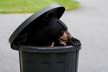 Curious Black Bear Peeking Out of a Trash Can